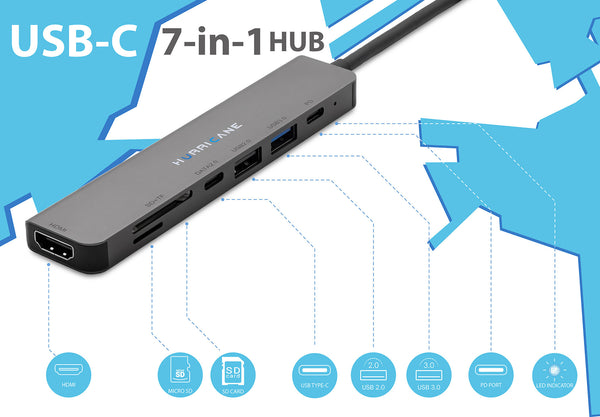 Hurricane C0914 7-in-1 USB Type C HUB Dock 4K HDMI Kartenleser Cardreader für MacBook, Laptop, PC, Festplatte