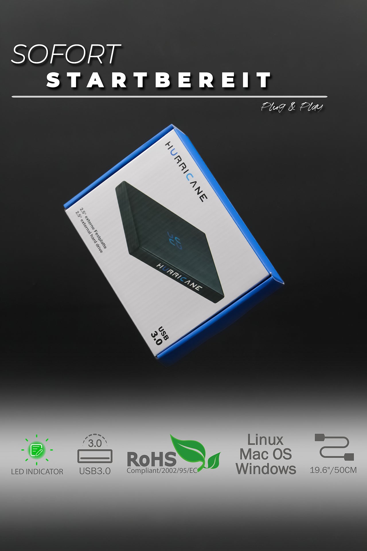 Hurricane GD25612 externe Festplatte 750GB 2,5" USB 3.0 PC Mac PS4 PS5 XboxTV