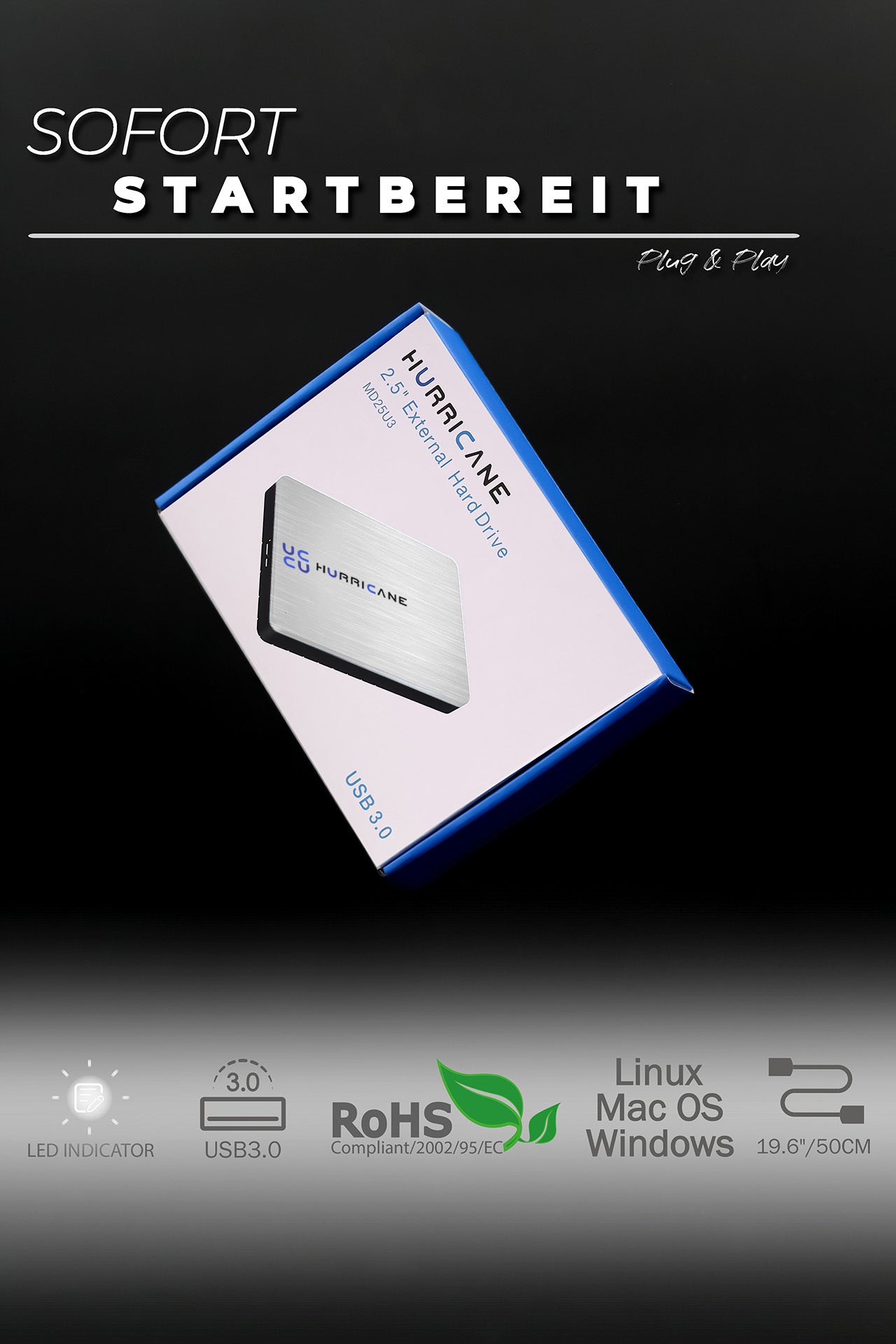 MD25U3 silver Hurricane 1TB 2.5 Zoll Externe tragbare Festplatte USB 3.0 External HDD Mobile Speicherplatte für Fotos smart TV PC Laptop Computer ps4 ps5 Xbox kompatibel mit Windows Mac OS Linux