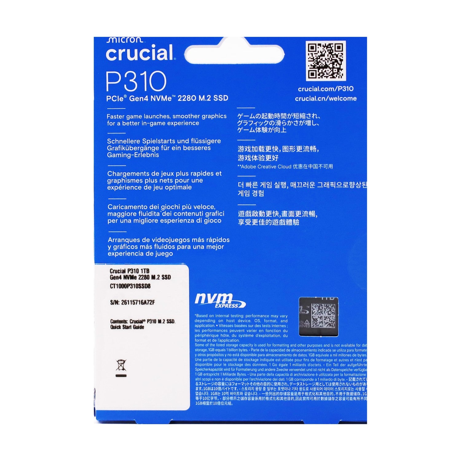 Crucial 1TB SSD P310 Pcie Gen4 Nvme M.2 2280 CT1000P310SSD8