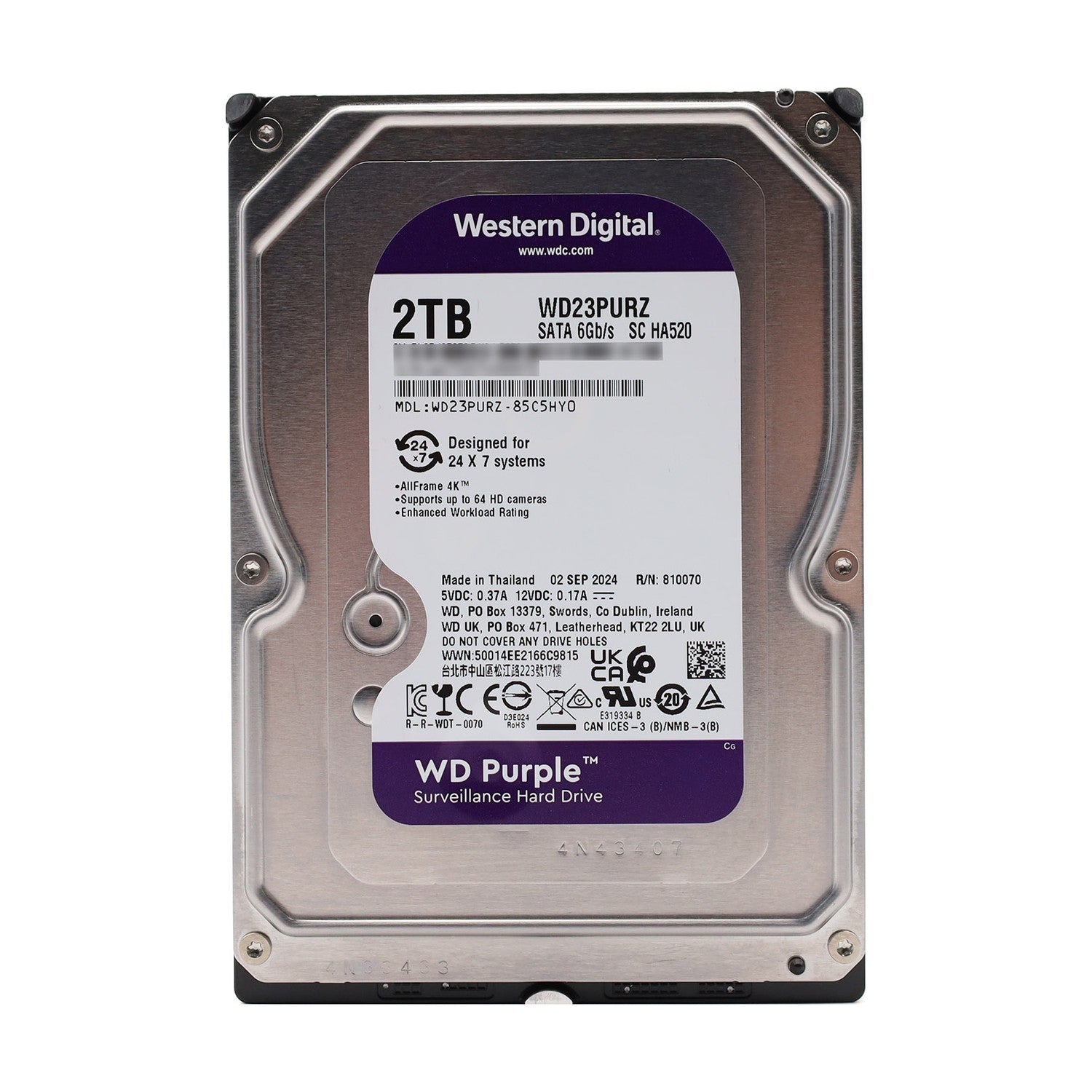 Western Digital WD Purple 2TB interne Festplatte 512e 3.5" SATA 6Gb/s WD23PURZ