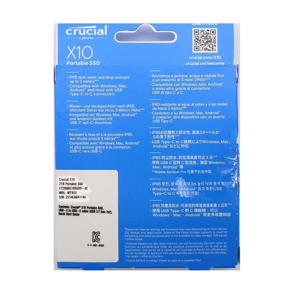 Crucial X10 2TB Externe SSD Festplatte bis zu 2.100MB/s USB-C 3.2 Gen2