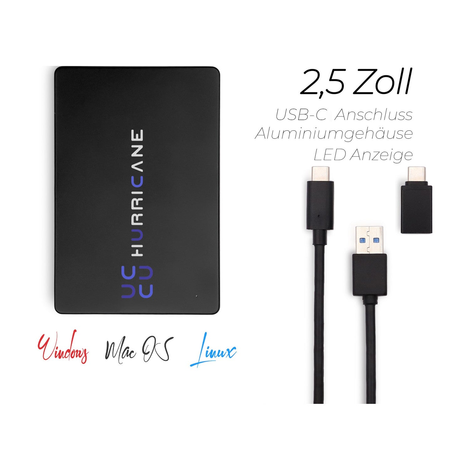 MD25C3 schwarz Hurricane 1TB 2.5 Zoll Externe tragbare Festplatte USB Type C External HDD Mobile Speicherplatte für Fotos smart TV PC Laptop Computer ps4 ps5 Xbox kompatibel mit Windows Mac OS Linux