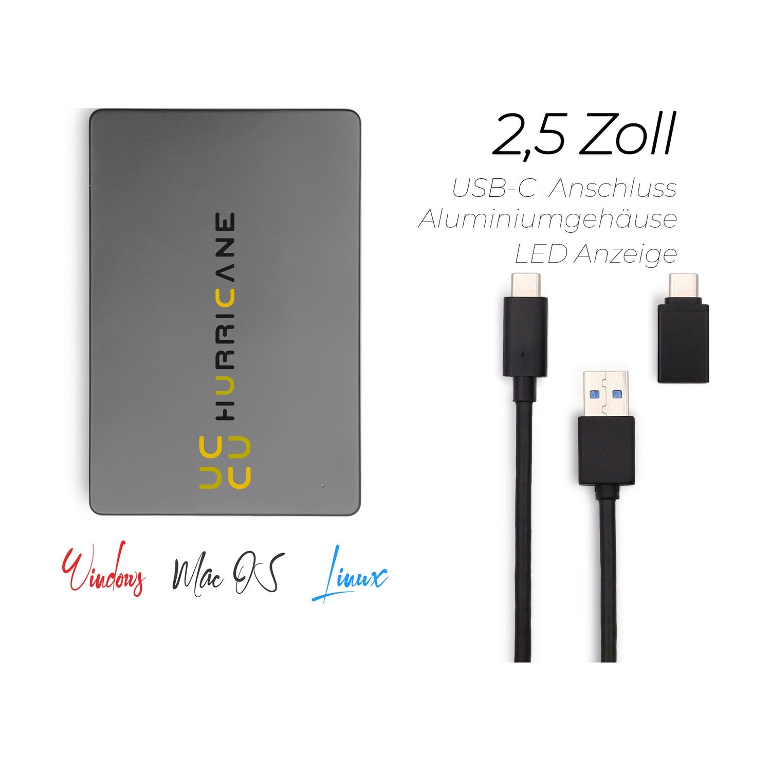 MD25C3 space gray Hurricane 500GB 2.5 Zoll Externe tragbare Festplatte USB Type C External HDD Mobile Speicherplatte für Fotos smart TV PC Laptop Computer ps4 ps5 Xbox kompatibel mit Windows Mac OS Linux