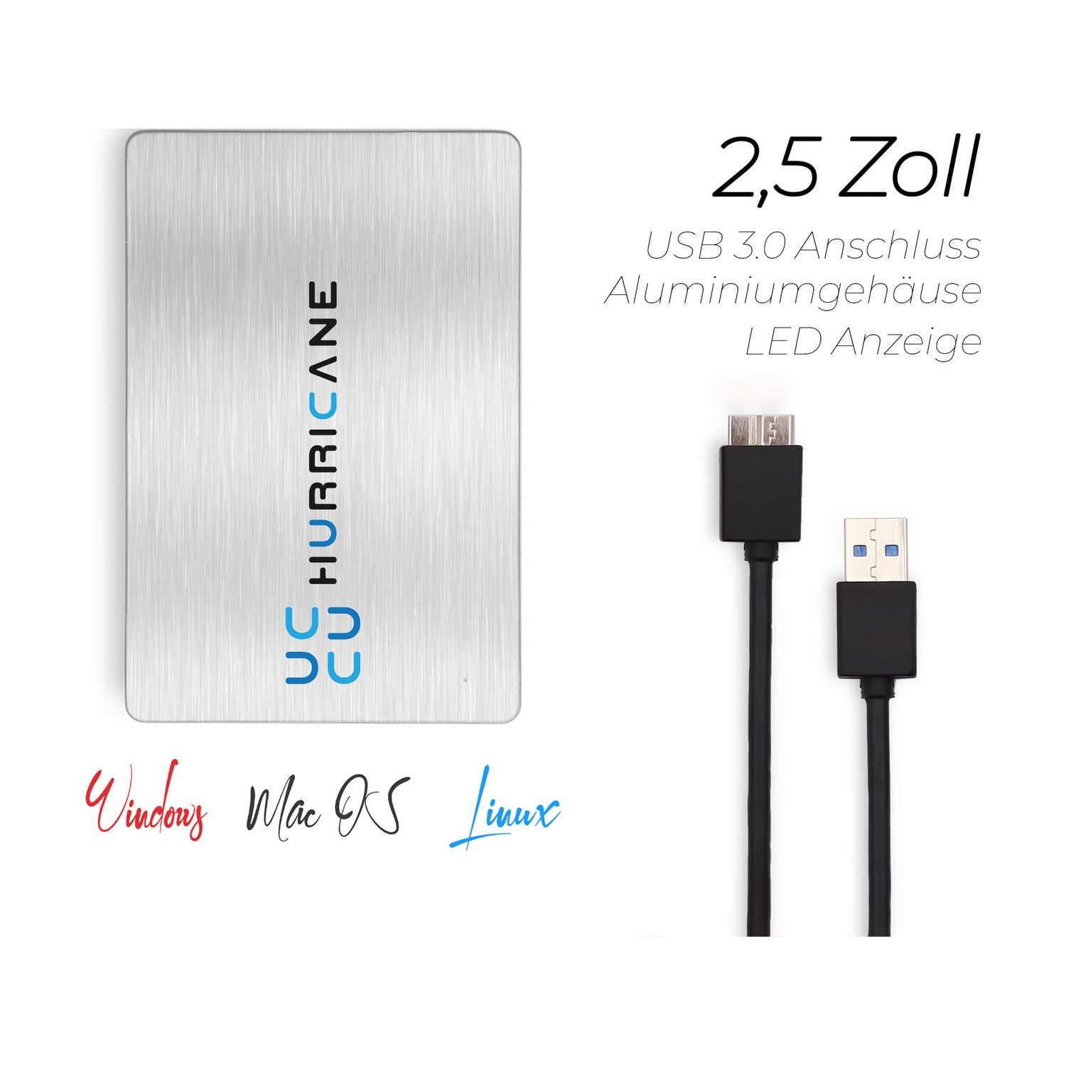 MD25U3 silver Hurricane 1TB 2.5 Zoll Externe tragbare Festplatte USB 3.0 External HDD Mobile Speicherplatte für Fotos smart TV PC Laptop Computer ps4 ps5 Xbox kompatibel mit Windows Mac OS Linux
