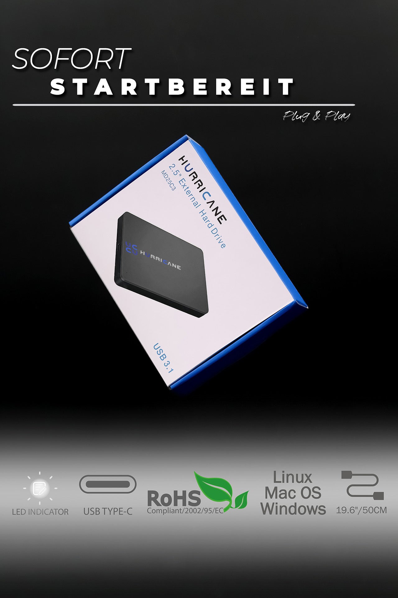MD25C3 schwarz Hurricane 1TB 2.5 Zoll Externe tragbare Festplatte USB Type C External HDD Mobile Speicherplatte für Fotos smart TV PC Laptop Computer ps4 ps5 Xbox kompatibel mit Windows Mac OS Linux